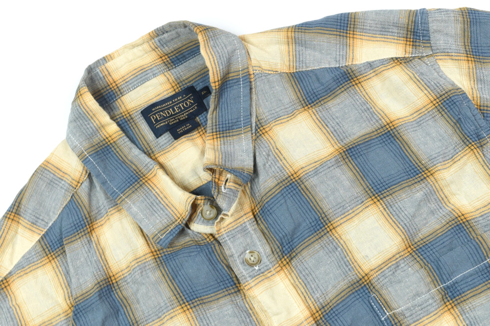 Pendleton Dawson Short Sleeve Linen Shirt Mens XL Beige Blue Plaid Button-Up